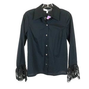 NWT Womens Size XS Tracy Reese Black Stretch Cotton Lace Trim Button Front Shirt